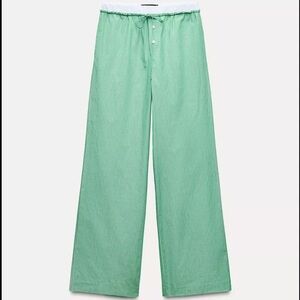 Green Zara Striped Wide-Leg Pants